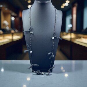 Loft Black Ribbon Bow Crystal Necklace Coquette Soft Girl Romantic Gothcore‎